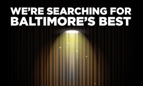 Computer generated spot-lit stage curtain with text reading, "We're Searching for Baltimore's Best"