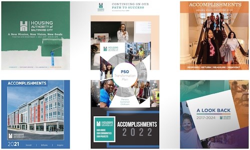 A collage of various newsletter and brochure overs in a 3 by 2 grid